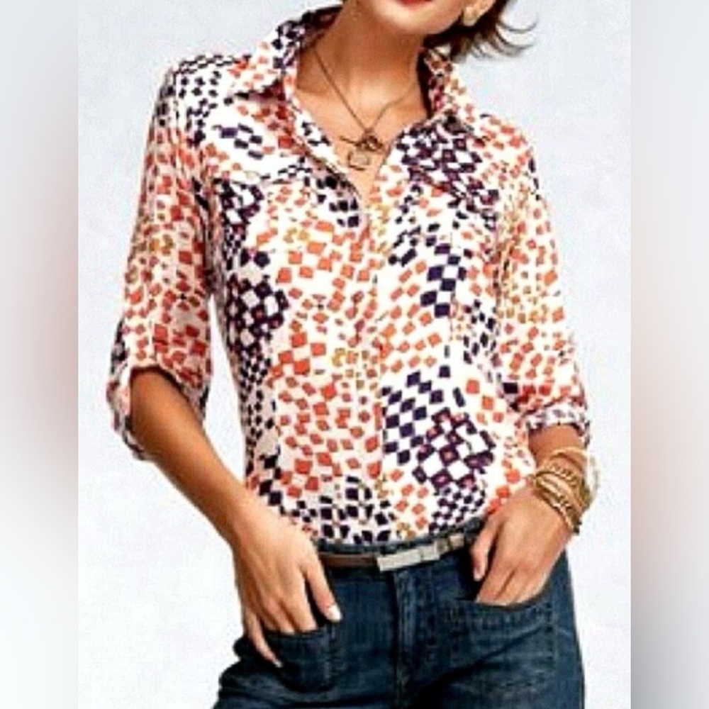 CAbi Orange and Purple Geometric Button Down Shirt